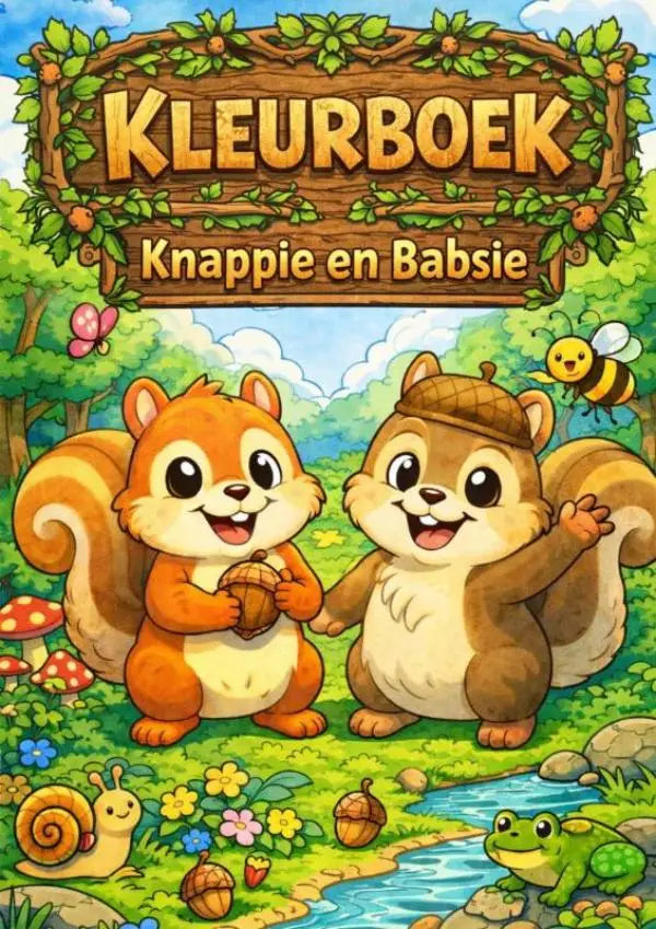 Houten bord met groene ranken en oranje tekst kleurboek boven bruine tekst knappie en babsie met cartoon eekhoorns in bosrijke omgeving