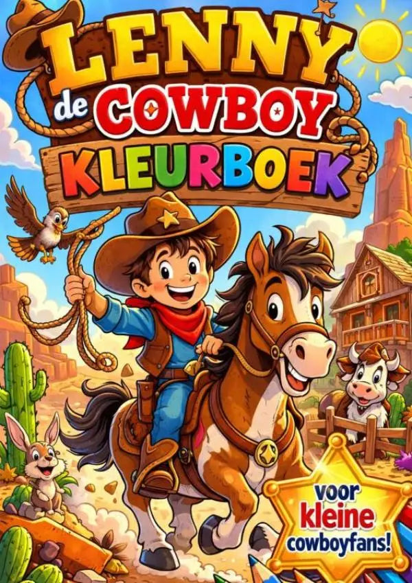 Vibrant kleurboek lenny de cowboy met cartoon afbeelding van lenny te paard met rood sjaaltje en sterhoed