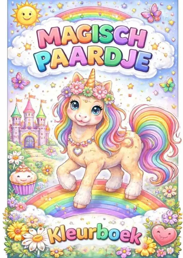 Kleurboek magisch paardje met een crèmewit magisch paardje op een regenboog met bloemenkroon en hartketting
