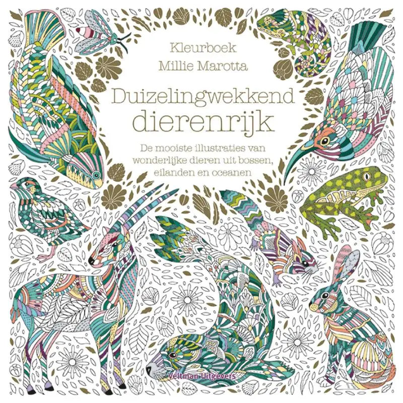 Kleurboek millie marotta met levendige illustraties van dieren zoals eenhoorn vogels en kikkers in groene en paarse tinten