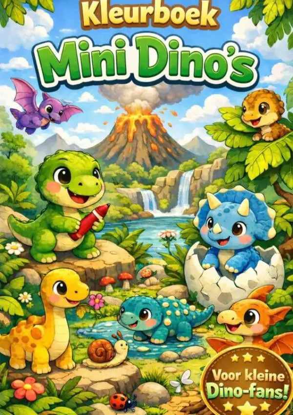 Kleurboek met kleurrijke cartoonillustratie van schattige mini dinos in levendig prehistorisch landschap