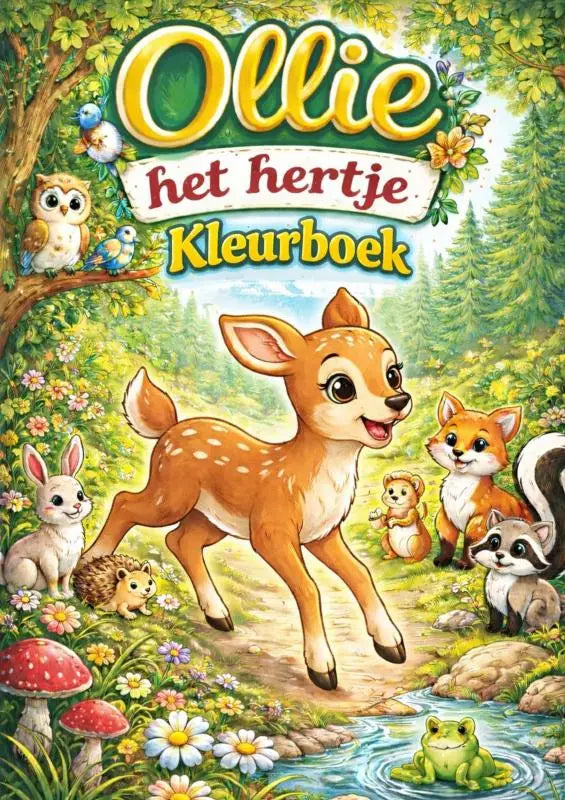 Een vrolijk cartoonhertje met bruine vacht en witte vlekken in het kleurboek ollie het hertje in een kleurrijk bos
