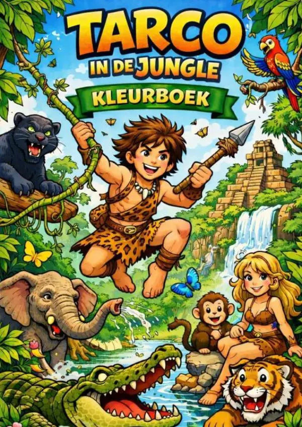 Kleurboek tarco in de jungle met kleurrijke jungle-avonturen en dieren zoals olifant tijger en panter