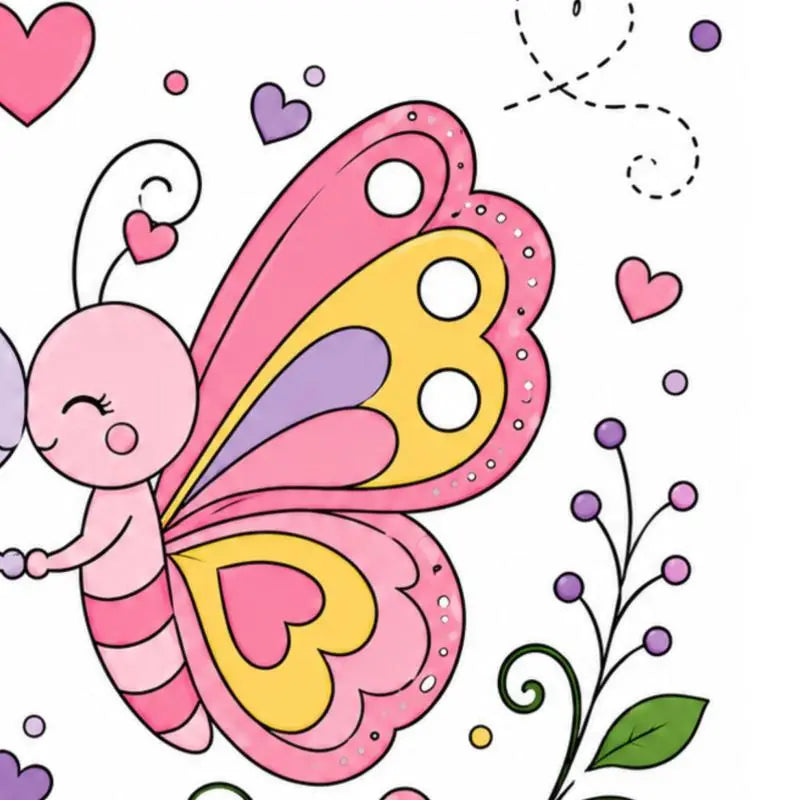 Een charmante roze vlinder met gele en paarse hartvormige patronen in prachtige vlinderillustraties voor jonge lezers