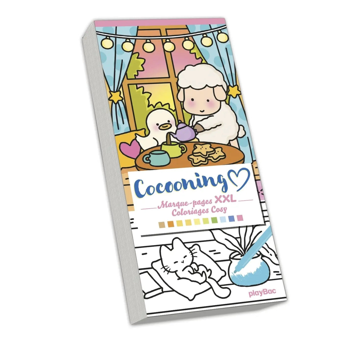 Cozy-themed kleurboek xxl avec couverture pastel montrant moutons et canard pour coloriages cosy par playbac