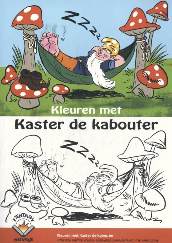 Een kleurrijke cartoonillustratie van kastner de kabouter met een oranje shirt slapend in een groene hangmat tussen paddenstoelen voor jonge lezers