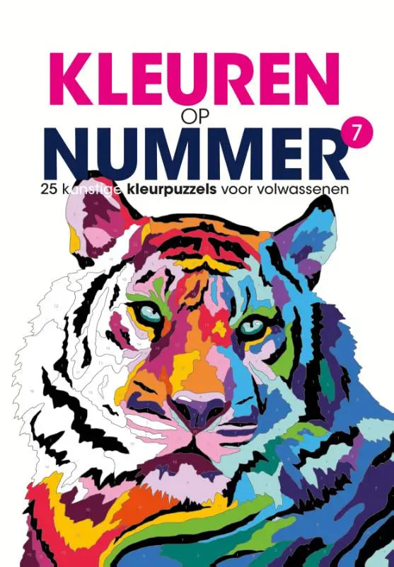 Vibrante multicolor tijgerillustratie in regenboogstijl op de cover van kleuren op nummer 7 kunstige kleurpuzzels voor volwassenen