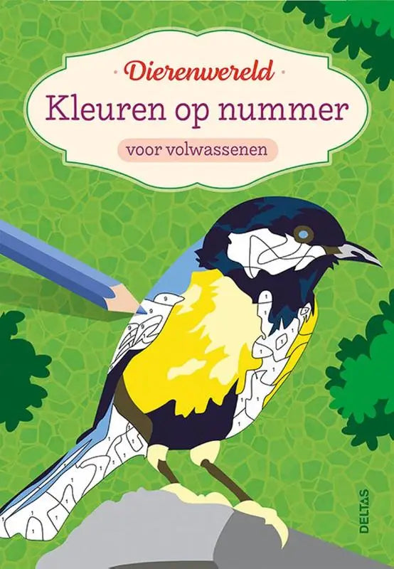 Aquarelkleurboek voor volwassenen met levendige gele en zwarte vogelillustratie op groene patroonomslag dierenwereld