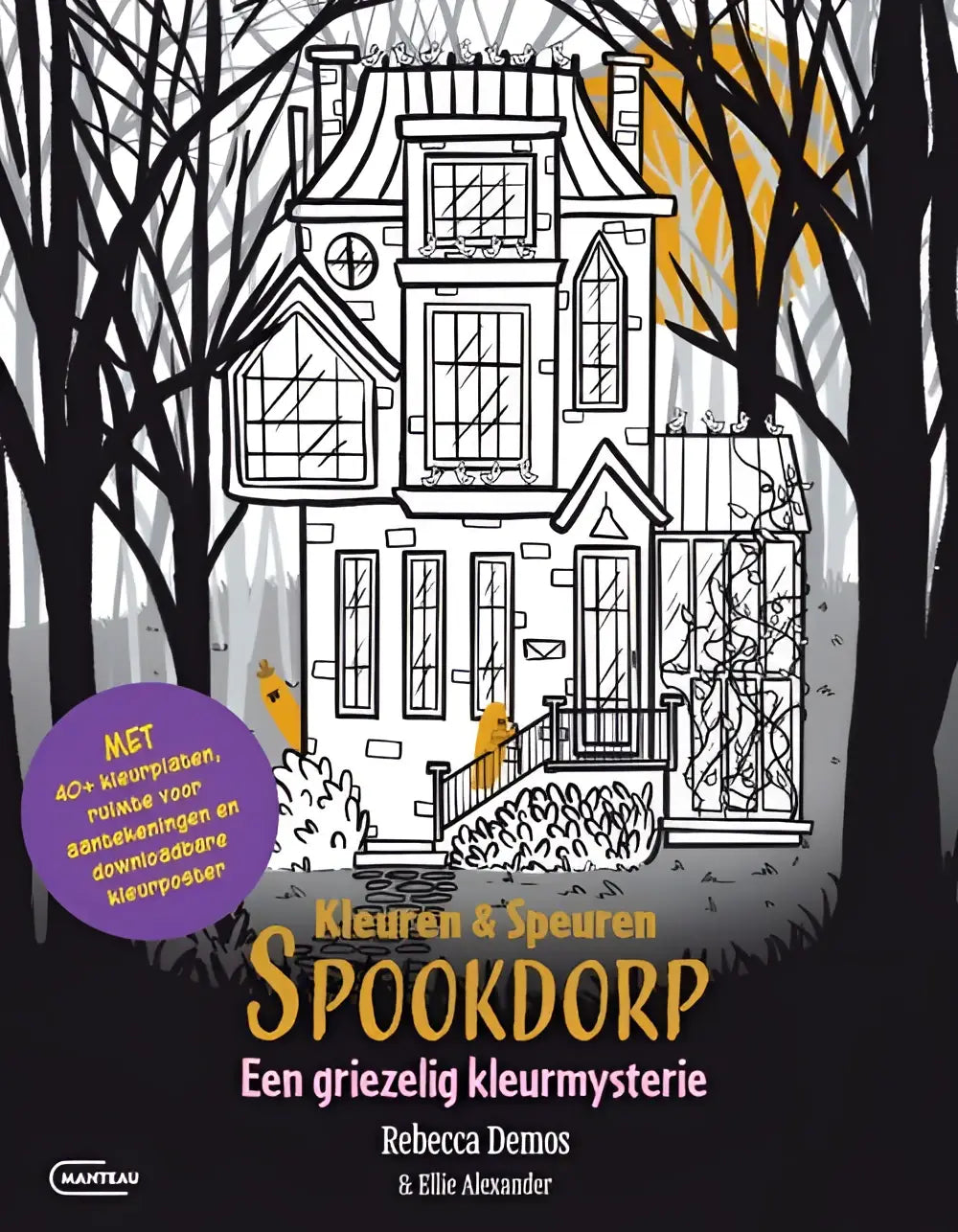 Illustratie van een zwart-wit geïllustreerd boekcover van kleuren & speuren spookdorp met een spookachtig victoriaans huis en oranje accenten