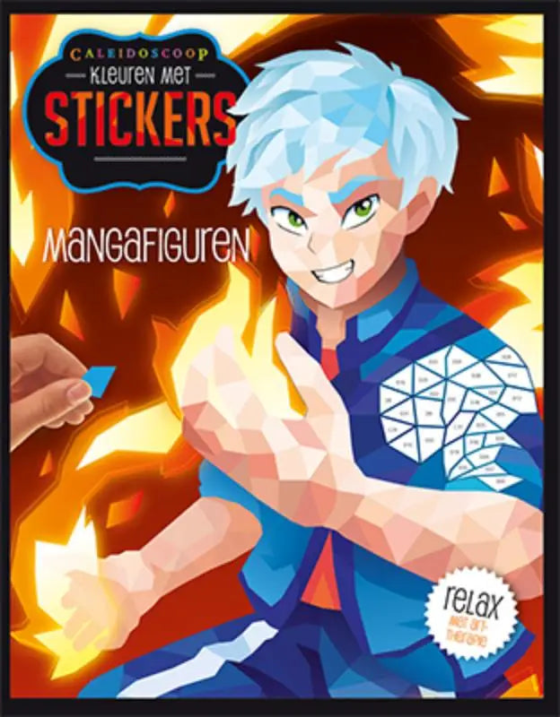 Blauw-wit geometrisch mangafiguur met groene ogen en blauwe jas op oranje shirt met honderden speciaal gevormde stickers