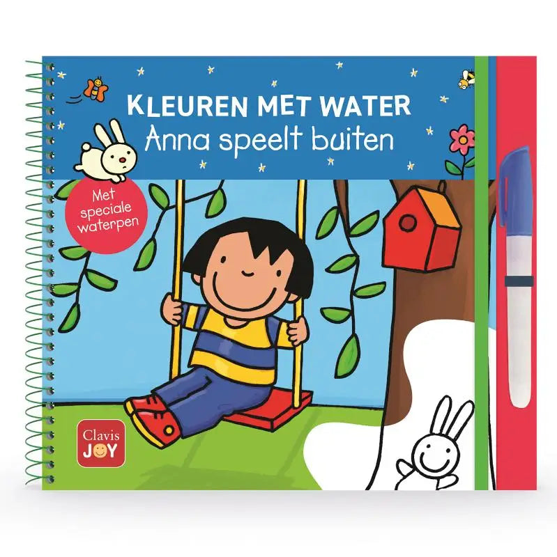 Blauw spiraalgebonden kinderdoe-boek kleuren met water met aquarelpagina’s en cartoon anna speelt op een schommel door kathleen amant clavis bvba