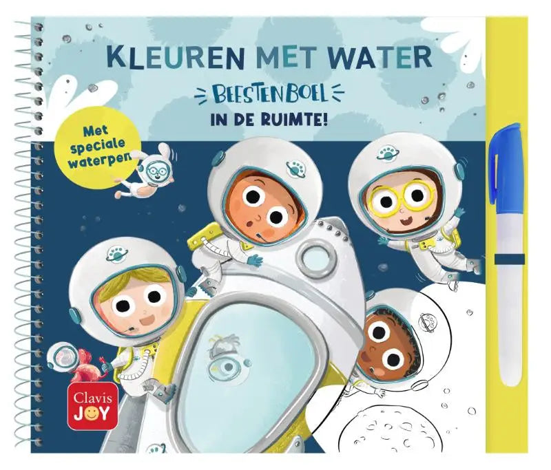 A children’s watercolor coloring book kleuren met water featuring cartoon astronauts in white space suits with blue and yellow accents by clavis joy for water inde ruimte activities
