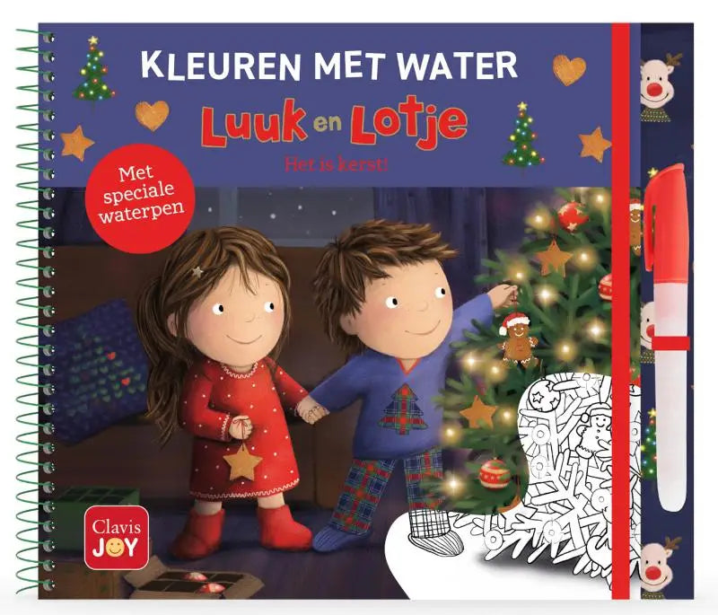 Christmas-themed kleuren met water boek met luuk en lotje in feestelijke pyjama naast kerstboom inclusief speciale waterpennen van clavis bvba en ruth wielockx non-boeken algemeen