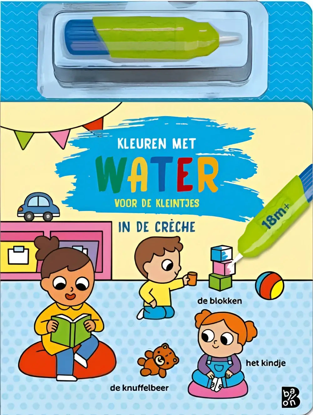 Green watertafelstift met blauwe punt verpakt in transparante plastic verpakking uit nederlandstalig paperback serie kleuren