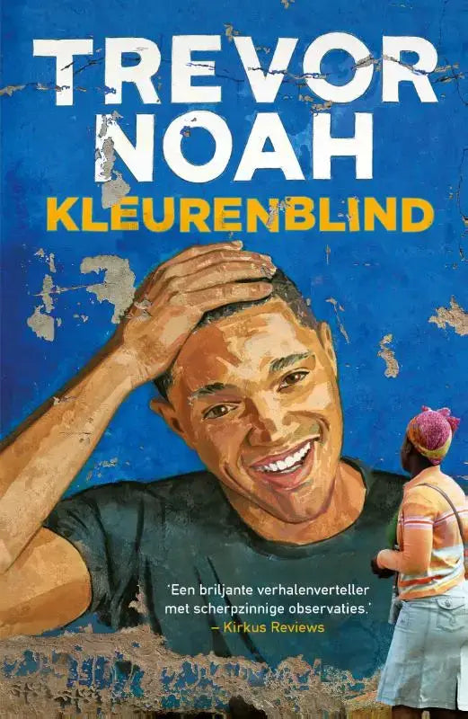 De boekcover van kleurenblind door trevor noah toont een blauwe, getextureerde achtergrond met een opvallende gele titel
