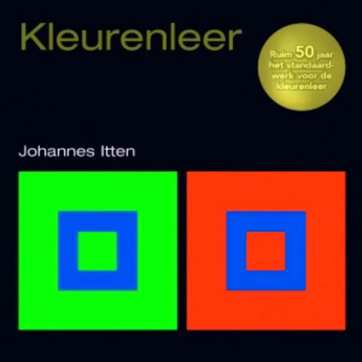 De boekcover van kleurenleer door johannes itten toont twee vierkante kleurvlakken groen en rood met blauwe vierkantjes binnenin