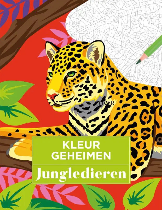 Een kleurrijke illustratie van een geel-zwart gevlekte jaguar op de cover van het kleurboek Kleurgeheimen Jungledieren