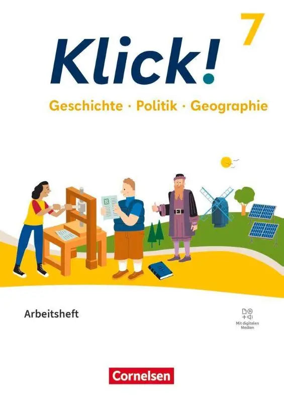 Blauwe en gele illustratie van klick 7 lesboek met cartoonfiguren en windmolens voor geschichte politik geographie