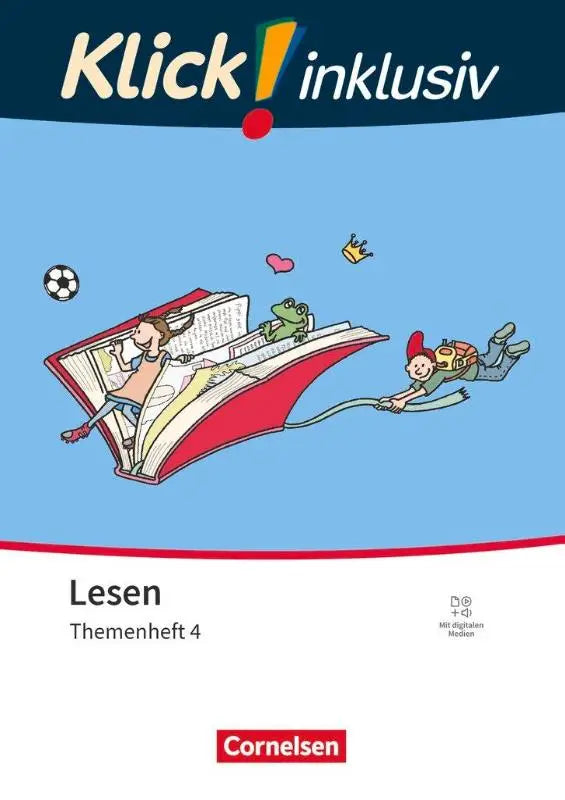 Rood-witte geïllustreerde boekomslag met kinderen die lezen en figuren voor lesetraining en eerste grondschool förderschool