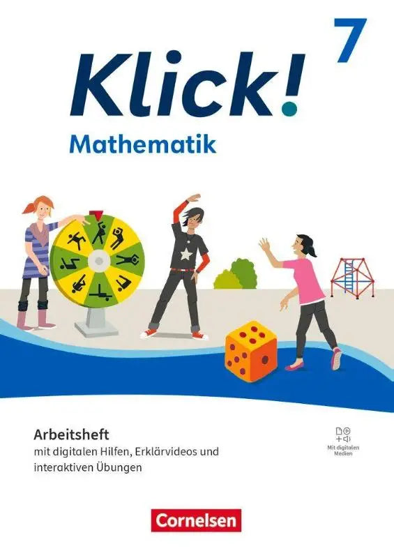 Klick mathematik 7 arbeitsheft von cornelsen mit bunten kinderillustrationen zum spielen mit digitalen medien
