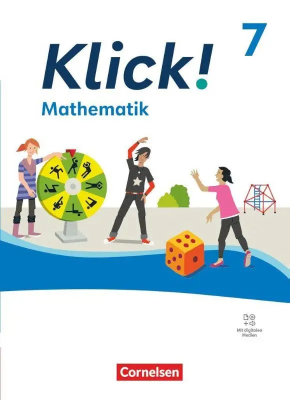 De cover van het schulbuch mit klick mathematik 7 toont kinderen die met wiskundige spellen spelen