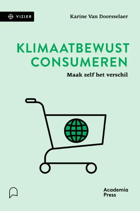 Minimalistische lijntekening van een winkelwagen met een groene globe binnen op licht mintgroene achtergrond voor klimaatbewust consumeren
