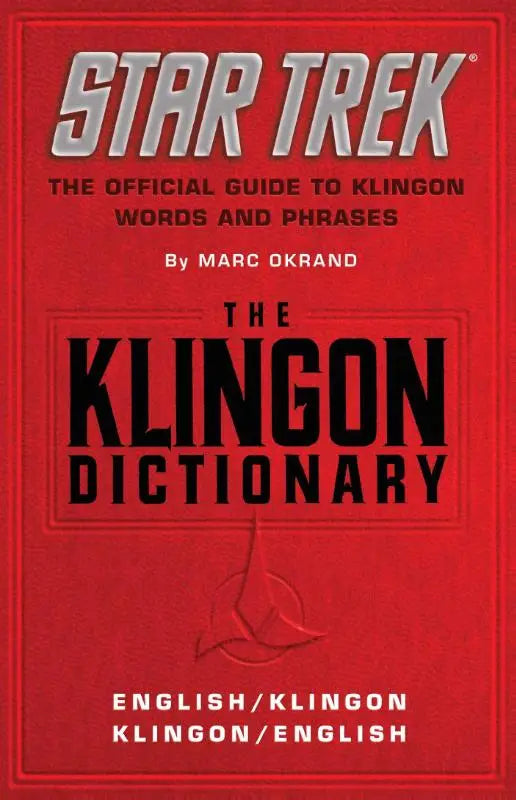 Rode hardcover klingon dictionary met zilveren en zwarte letters en star trek logo, engels klingon en klingon engels woordenboek