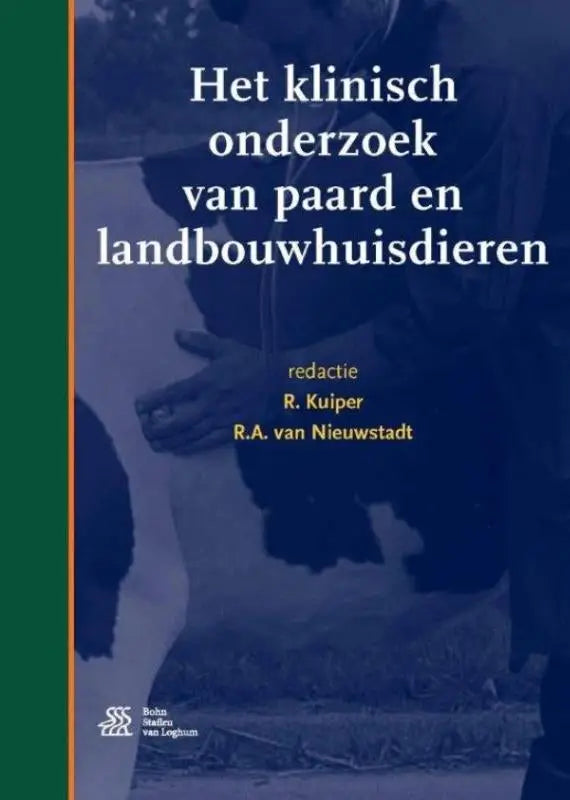 Het boek het klinisch onderzoek van paard en landbouwhuisdieren van bsl media toont een blauwe omslag met groene en oranje strepen