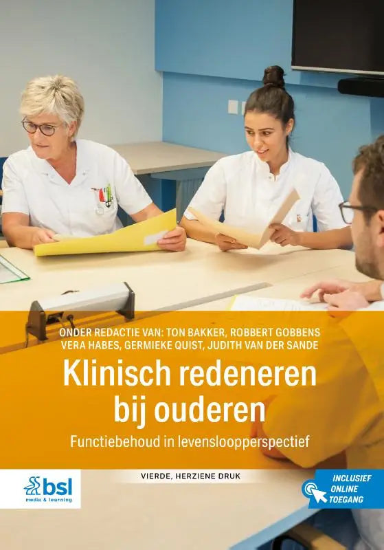 Gele boekomslag met zwarte tekst en blauw logo van klinisch redeneren bij ouderen van bsl media algemene onderwerpen