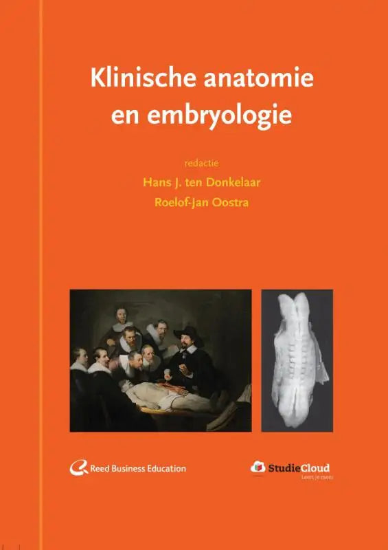 Oranje klinische anatomie en embryologie tekstboek met zwart-wit anatomische illustratie en wit skeletembryo bsl media