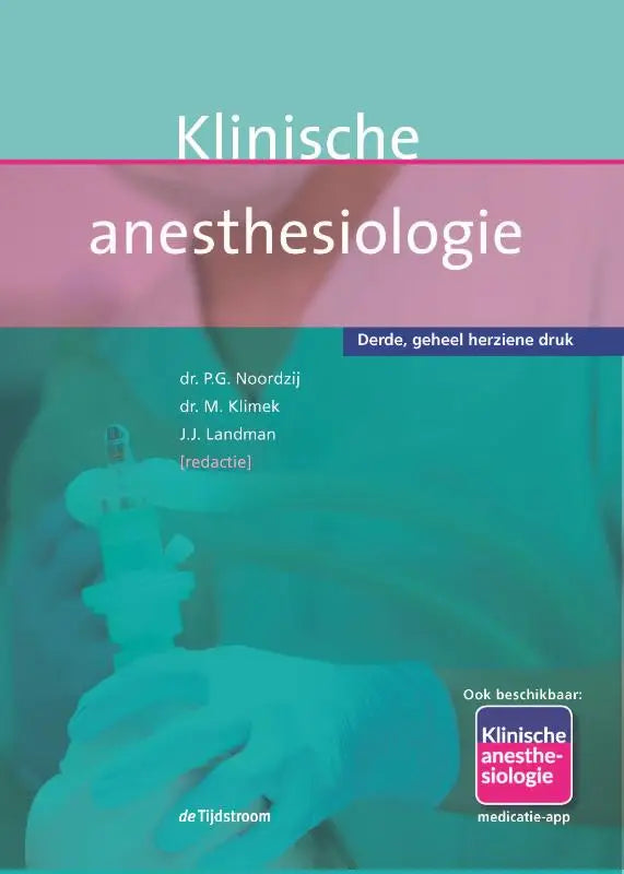 De cover van het medische leerboek klinische anesthesiologie door koninklijke boom uitgevers met een teal en roze ontwerp