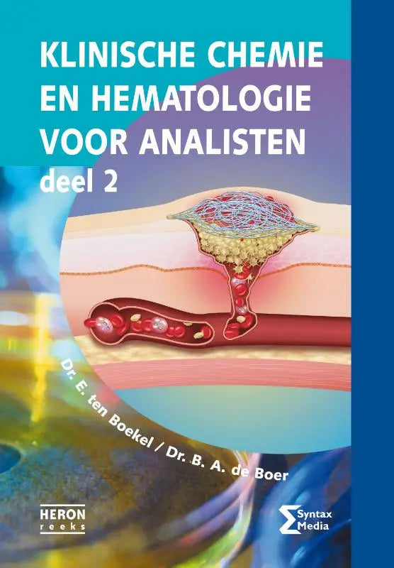 De boekcover van klinische chemie en hematologie voor analisten deel 2 toont een medische illustratie van bloedstroom op blauwe achtergrond