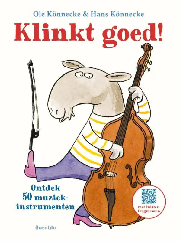 Een cartoon schaap voor jonge lezers in een geel wit gestreept shirt en paarse broek met een oranje houten contrabas