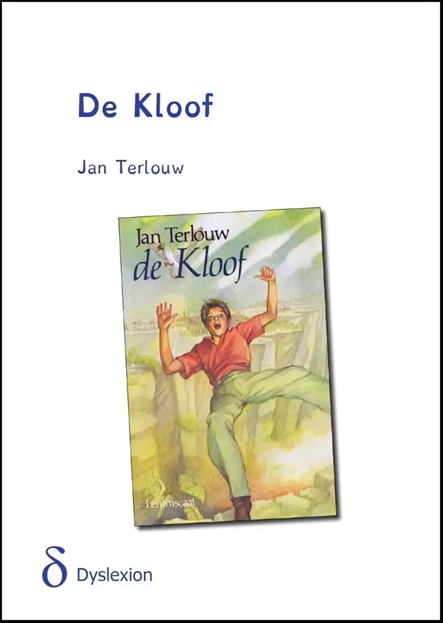 De kloof kinderboek cover met geïllustreerde jongen in rood shirt en groene broek springt over hek op gele achtergrond