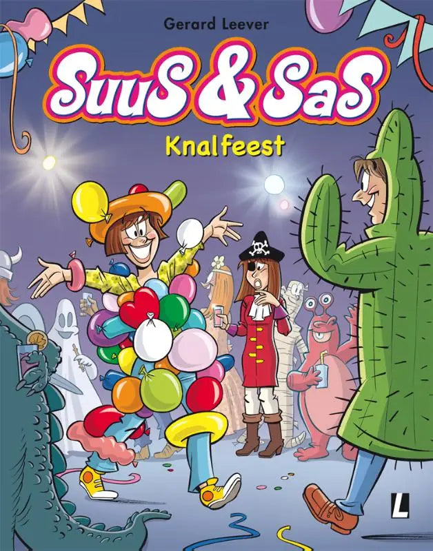 De levendige cover van het gerard leever comic boek suus & sas knalfeest met kleurrijke feestelijke karakters voor algemeen publiek