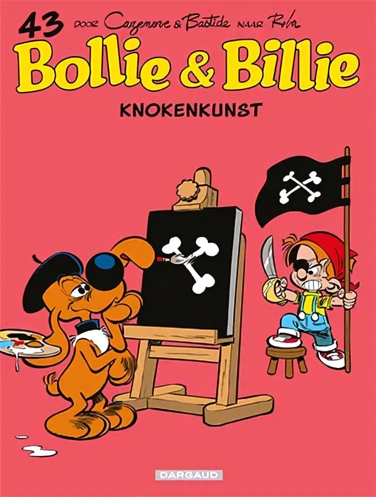 De cover van bollie & billie toont een felle roze achtergrond met gele letters en een oranje hond met palet naast een schildersezel, geïnspireerd door christophe cazenove en boule et bill strips algemeen