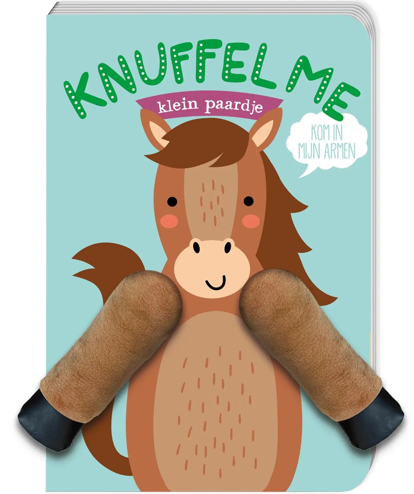 Een zacht knuffelklein paardje met pluizige bruine vacht en vriendelijk gezicht uit interactieve knuffelboeken voor jonge lezers