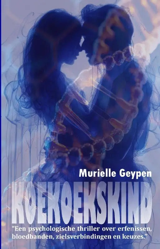 Boekcover van koekoekskind met blauwe en oranje silhouetten van twee omhelzende figuren