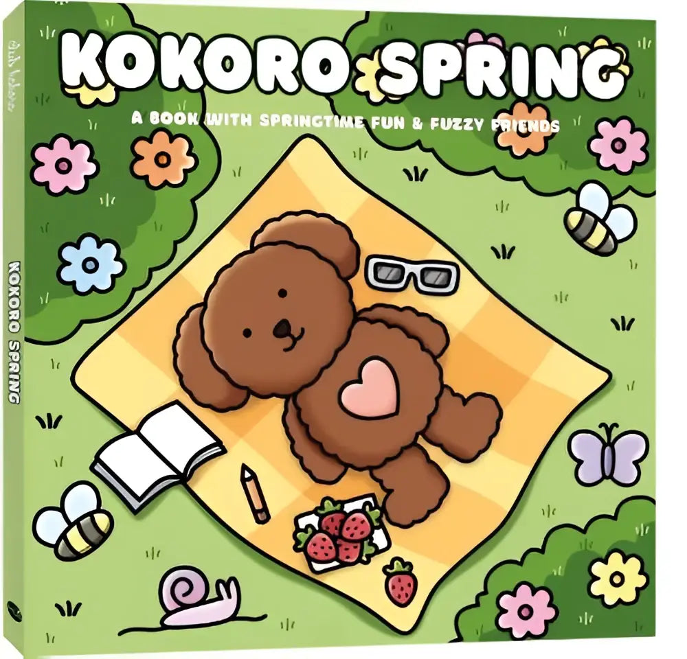 Kokoro spring kinderboek met een bruine teddybeer met zonnebril en hart op een lente-achtergrond met bloemen en vlinders