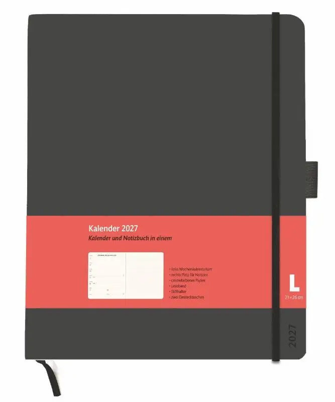 Kombitimer schwarz groß 2027 - Schwarzer Terminkalender 2027. Buch-Kalender mit Lesebändchen und Gummiband. Großer Taschenkalender zum Planen von Terminen.