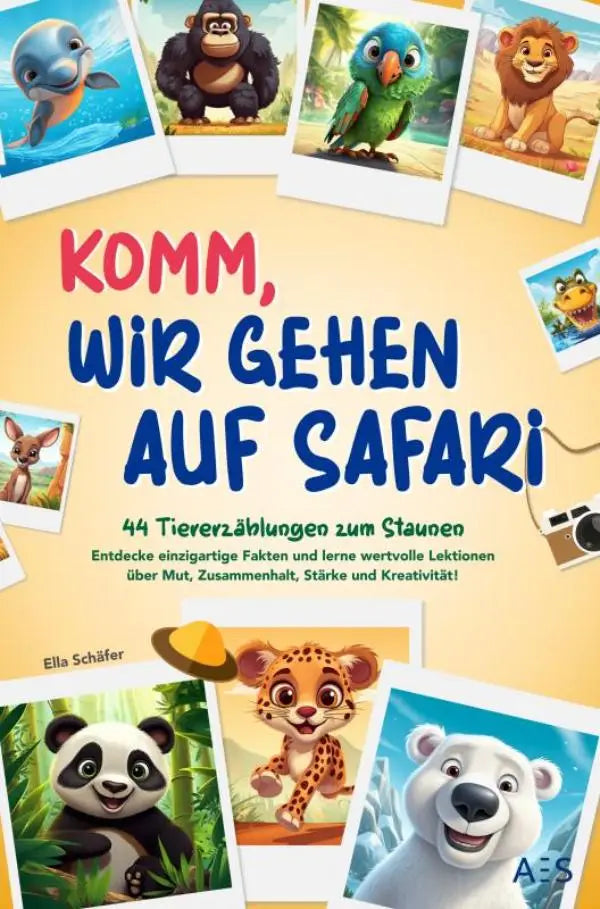 Heldere kleurrijke kinderboekenomslag met dieren in fotolijsten in komm wir gehen auf safari zum staunen boek
