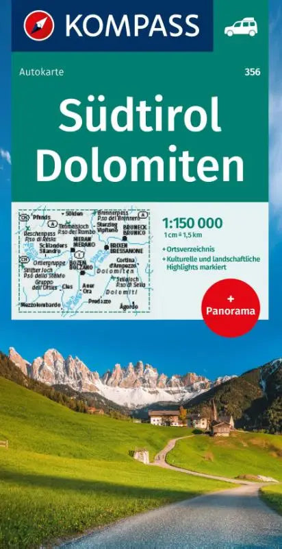 KOMPASS Autokarte Südtirol, Dolomiten, South Tyrol, Dolomites 1:150.000 - mit Panorama auf der Rückseite