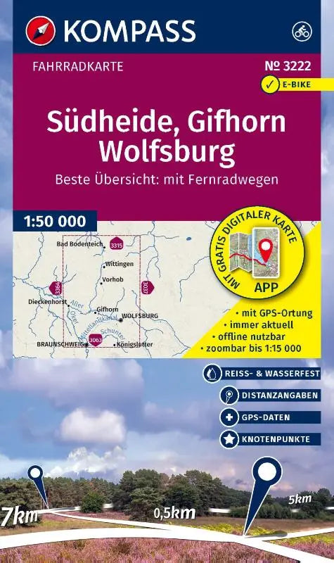 KOMPASS Fahrradkarte 3222 Südheide, Gifhorn, Wolfsburg mit Knotenpunkten 1:50.000 - reiß- und wetterfest