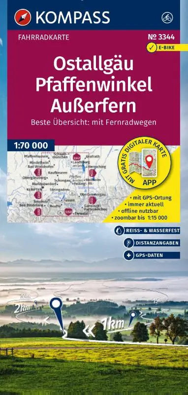 KOMPASS Fahrradkarte 3344 Ostallgäu, Pfaffenwinkel, Außerfern 1:70.000 - reiß- und wetterfest