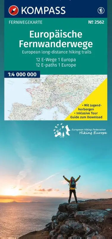 KOMPASS Fernwegekarte Europäische Fernwanderwege, 12 E-Wege - 1 Kontinent 1:4 Mio. - Mit allen Jugendherbergen entlang der E-Wege. Offizielle Karte der Europäischen Wandervereinigung.