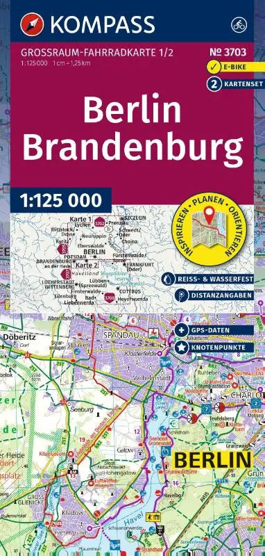KOMPASS Großraum Fahrradkarte 3703 Berlin-Brandenburg, mit Knotenpunkten 1:125.000 - 2 Karten im Set, reiß- und wetterfest, GPX-Daten zum Download