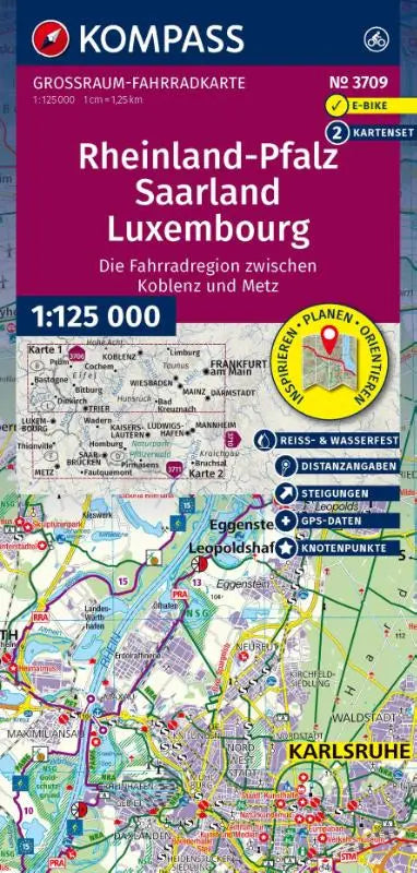 KOMPASS Großraum Fahrradkarte 3709 Rheinland-Pfalz, Saarland, Luxembourg mit Knotenpunkten 1:125.000 - 2 Karten im Set, reiß- und wetterfest, GPX-Daten zum Download