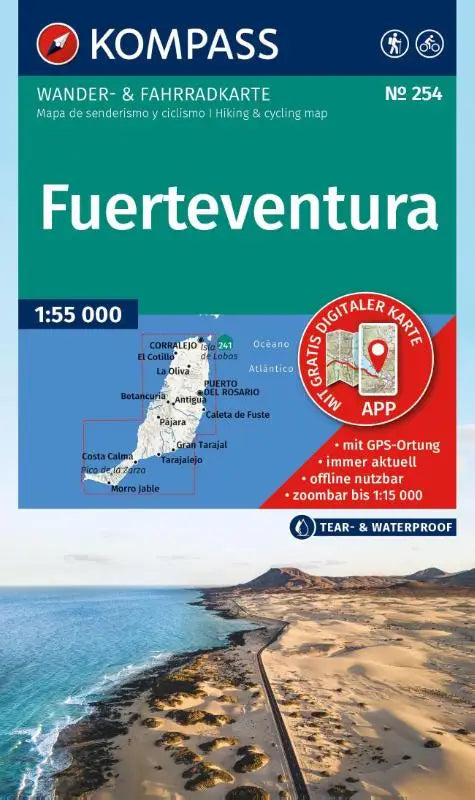 KOMPASS Wanderkarte 254 Fuerteventura 1:55.000 - Wander- und Fahrradkarte in einem - inklusive Offline-Verwendung in der KOMPASS-App. Wander-& Radwege, Surfspots
