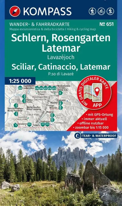 KOMPASS Wanderkarte 651 Schlern, Rosengarten, Latemar, Lavazéjoch / Sciliar, Catinaccio, Latemar, P.so di Lavazé 1:25.000 - Wander- und Fahrradkarte in einem - inklusive Offline-Verwendung in der KOMPASS-App. Wander-& Radwege. Skitouren.