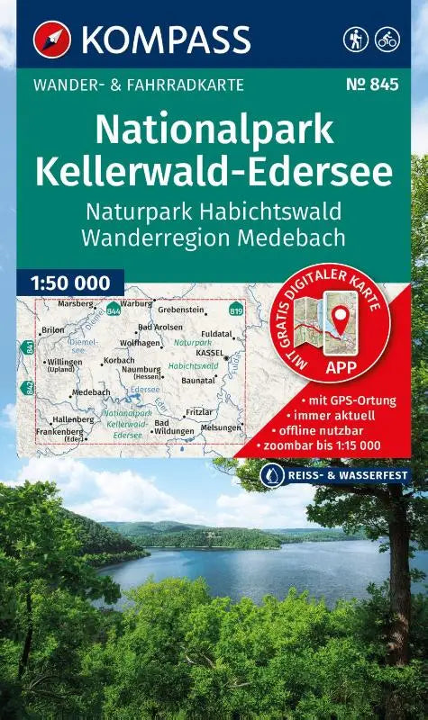 KOMPASS Wanderkarte 845 Nationalpark Kellerwald-Edersee, Naturpark Habichtswald, Wanderregion Medebach 1:50.000 - Wander- und Fahrradkarte in einem - inklusive Offline-Verwendung in der KOMPASS-App. Wander-& Radwege.